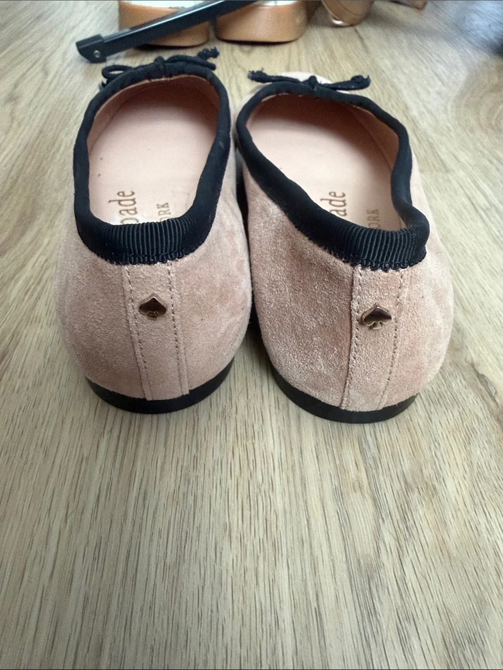 kate spade Pink Suede Ballet Flats with Black Trim and Bow